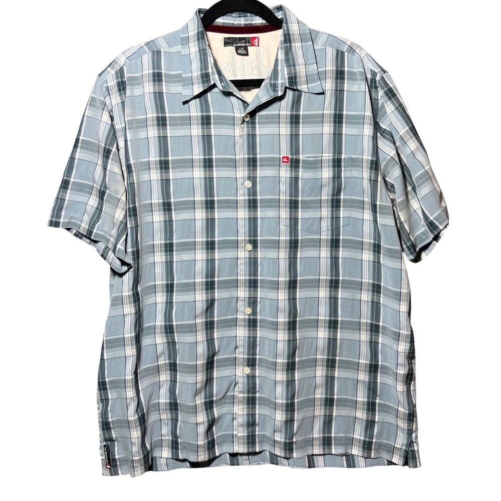 Vintage Quiksilver Blue Plaid Short Sleeve Button Up Shirt Y2K L Surf Skater